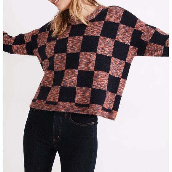 NWT Madewell Checkered Pullover Sweater Boxy Cropped Navy Blue Pink Size Large - Picture 2 of 13